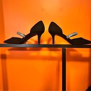 Nina Black Satin Rhinestone Strap Heels Size 8M